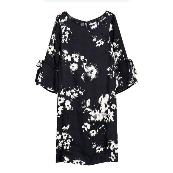 H&M Navy Satin Floral Shift Dress Size 4 Sleeve Bow Cuff Elegant Cocktail NWT - Picture 3 of 8